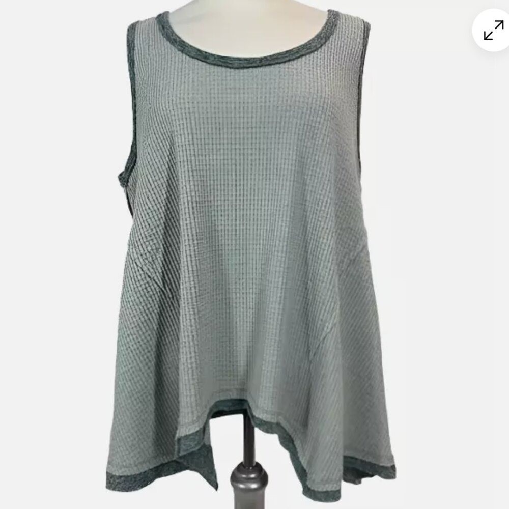 Miss Me Scoop Neck Waffle Tank Top Sleeveless Flowy Swing‎ Thermal Green Grey M